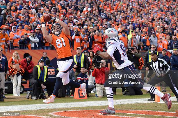 Owen Daniels of the Denver Broncos makes a touchdown catch in the second quarter. The Denver Broncos played the New England Patriots in the AFC...