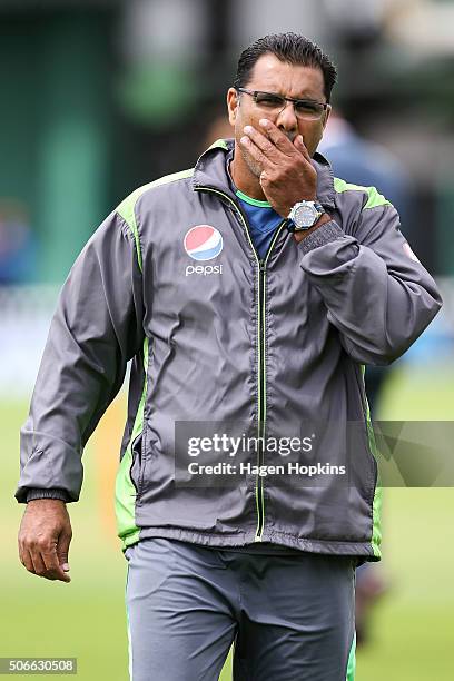 Coach Waqar Younis of Pakistan looks on during the One Day International match between New Zealand and Pakistan at Basin Reserve on January 25, 2016...