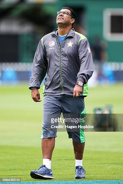 Coach Waqar Younis of Pakistan looks on during the One Day International match between New Zealand and Pakistan at Basin Reserve on January 25, 2016...