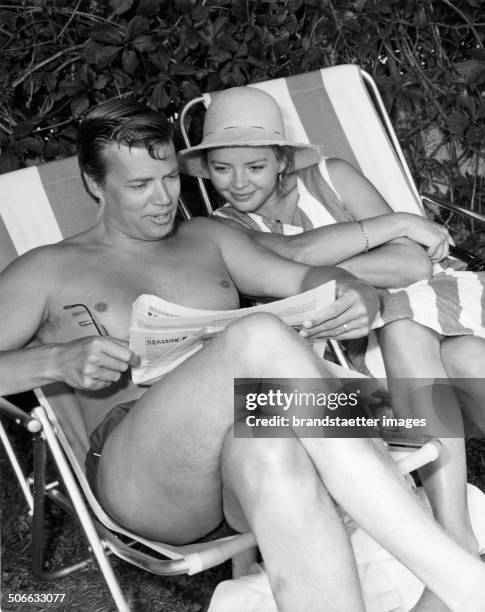 Austrian actor Karlheinz Böhm with his third wife, polish actress Barbara Lass. Poertschach. Carinthia. 1964 . .