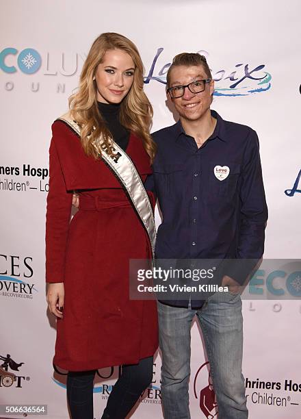 Miss USA 2015 Olivia Jordan and Shriners Hospitals for Children Patient Ambassador Marius Woodward attend the EcoLuxe Lounge at Sundance16 on January...