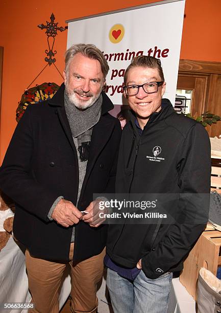 Shriners Hospitals for Children Patient Ambassador Marius Woodward and actor Sam Neill attend the EcoLuxe Lounge at Sundance16 on January 24, 2016 in...
