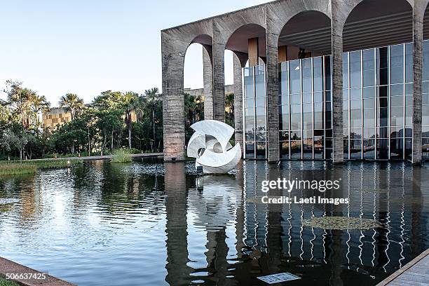 Reflecting pool of Palace of Itamaraty sculpture named Meteor by Bruno Giorgi.