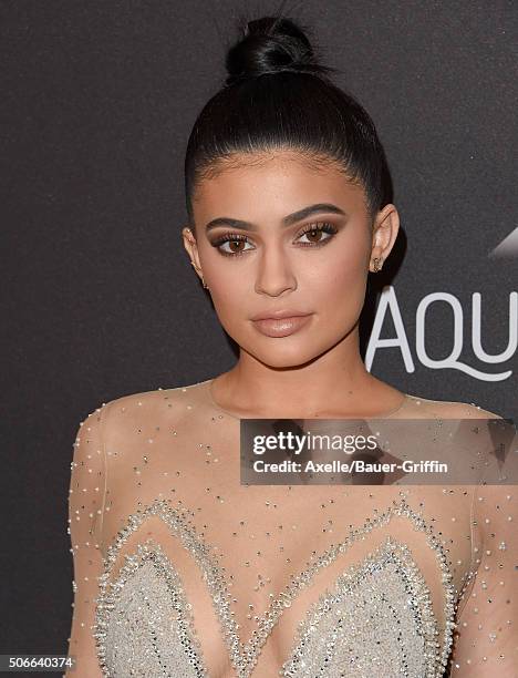 Personality Kylie Jenner arrives at the 2016 InStyle And Warner Bros. 73rd Annual Golden Globe Awards Post-Party at The Beverly Hilton Hotel on...