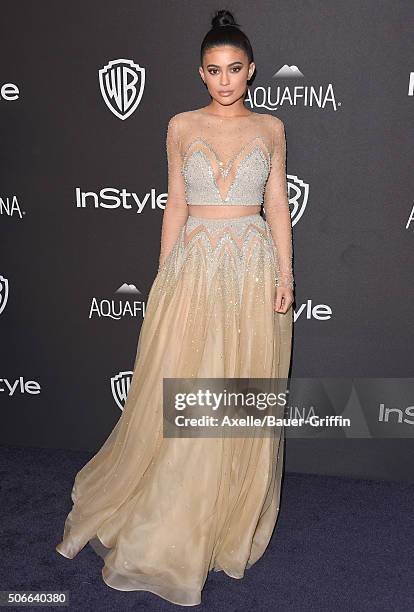 Personality Kylie Jenner arrives at the 2016 InStyle And Warner Bros. 73rd Annual Golden Globe Awards Post-Party at The Beverly Hilton Hotel on...