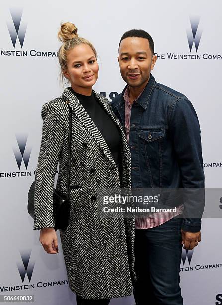 Model Chrissy Teigen and musician John Legend attend Samsung Studio and Harvey Weinstein Host Annual Weinstein Sundance Bowl Football Party During...