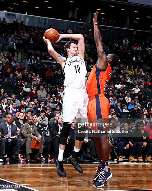 Sergey Karasev of the Brooklyn Nets handles the ball during the game against the Oklahoma City Thunder on January 24, 2016 at Barclays Center in...