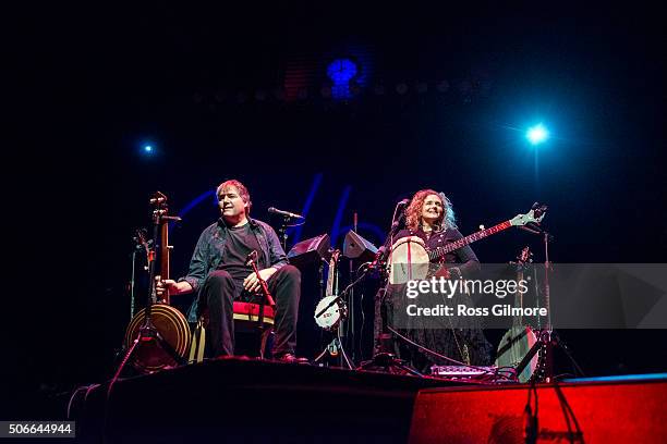 Béla Fleck and Abigail Washburn perform at the Celtic Connections Festival at The Old Fruit Market on January 24, 2016 in Glasgow, Scotland.