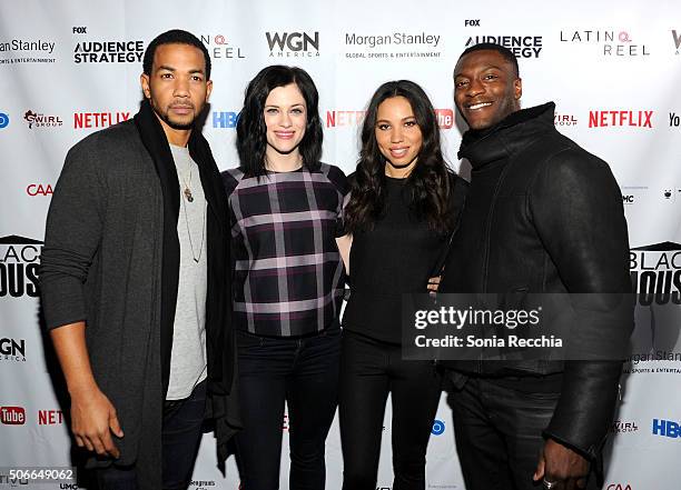 Actors Alano Miller, Jessica De Gouw, Jurnee Smollett-Bell, and Aldis Hodge attend the WGN America Underground Reception at Blackhouse Headquarters...