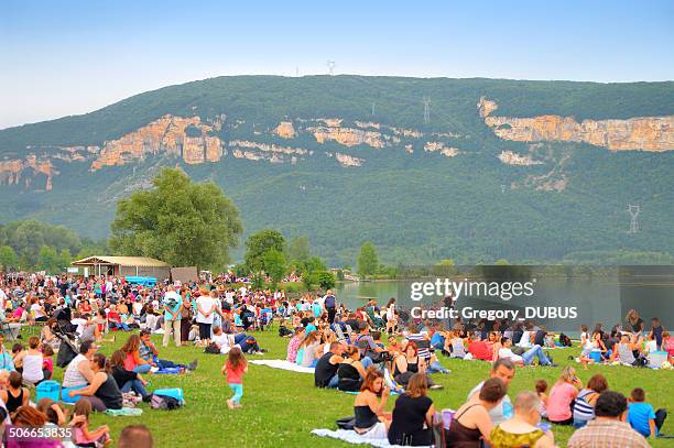 crowd sitting in grass - rhone river stock pictures, royalty-free photos & images