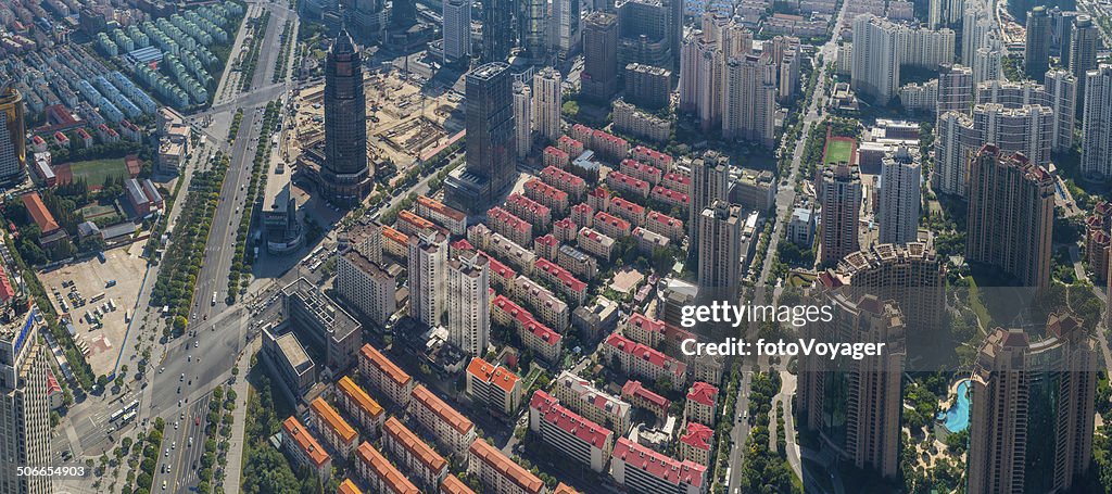 China crowded cityscape highrise housing skyscrapers aerial panorama Shanghai