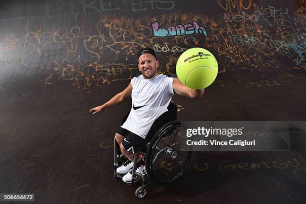 Dylan Alcott of Australia poses at the Prahran Skatepark during day eight of the 2016 Australian Open at Melbourne Park on January 25, 2016 in...