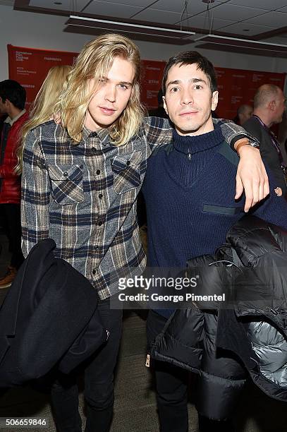 Actors Austin Butler and Justin Long attend the "Yoga Hosers" Premiere during the 2016 Sundance Film Festival at Library Center Theater on January...