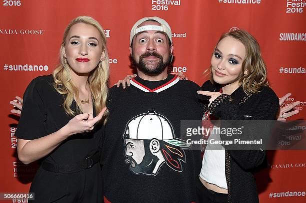 Harley Quinn Smith, Director Kevin Smith, and Lily-Rose Depp attend the "Yoga Hosers" Premiere during the 2016 Sundance Film Festival at Library...