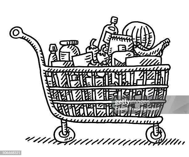 illustrations, cliparts, dessins animés et icônes de grand dessin panier d'achat de denrées alimentaires - caddie rempli