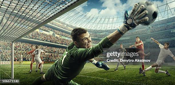 soccer game moment with goalkeeper - goalie goalkeeper football soccer keeper stock pictures, royalty-free photos & images