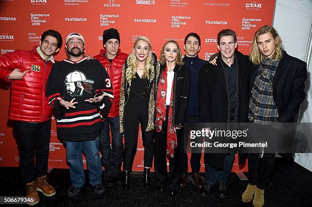 Tyler Posey, Kevin Smith, Jason Mewes, Harley Quinn Smith, Lily-Rose Depp, Justin Long, Ralph Garman, and Austin Butler attend the "Yoga Hosers"...