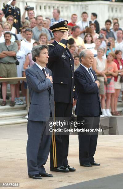 Japanese Prime Minister Junichiro Koizumi and Ambassador to the US, Shunj Yanai at wreath laying ceremony at the Tomb of the Unknowns at Arlington...