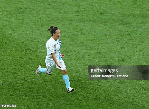 Lisa De Vanna of Melbourne City celebrates after scoring the winning goal against the Brisbane Roar in a penalty shoot out during the W-League semi...