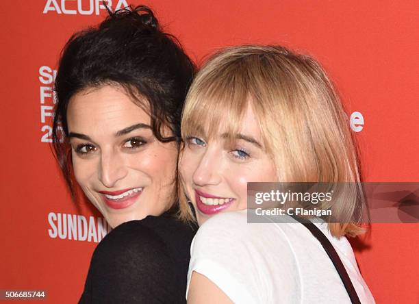 Actors Jenny Slate and Zoe Kazan attend the 'Joshy' Premiere during the 2016 Sundance Film Festival at Library Center Theater on January 24, 2016 in...