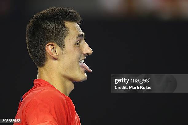 Bernard Tomic of Australia reacts in his fourth round match against Andy Murray of Great Britain during day eight of the 2016 Australian Open at...