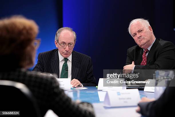 Former Foreign Secretary, Sir Malcolm Rifkind, KCMG, QC and former Taoiseach of Ireland, John Bruton listen as former French Minister of European...