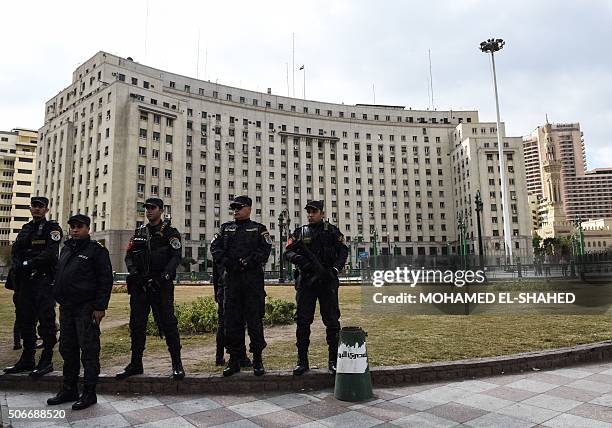 Members of the Egyptian police special forces stand guard on Cairo's landmark Tahrir Square on January 25 as the country marks the fifth anniversary...