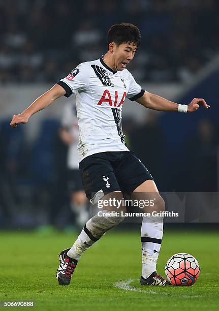 Heung-Min Son of Tottenham Hotspur in action during the The Emirates FA Cup Third Round Replay between Leicester City and Tottenham Hotspur at The...