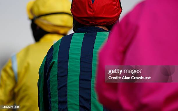 Jockeys' silks at Kempton Park racecourse on January 25, 2016 in Sunbury, England.