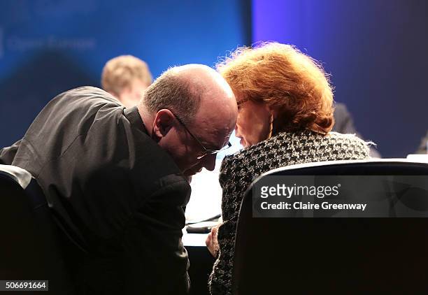Former Deputy Finance Minister of Germany, Steffan Kampeter and former French Minister of European Affairs, Noelle Lenoir, share a private word at...