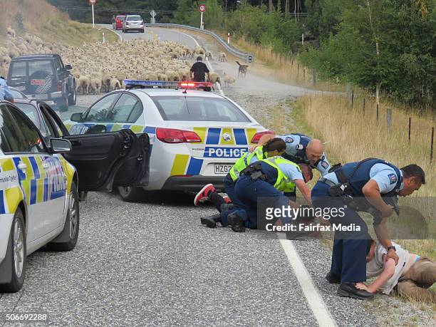 Flock of sheep on Littles Rd stopped a 90 minute police car chase when four people were arrested near Queenstown, New Zealand. A Queenstown police...