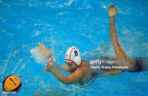 Maria Del Pilar Pena of Spain in action against Arianna Garibotti of Italy during the Women's Bronze Medal match between Spain and Italy at the...