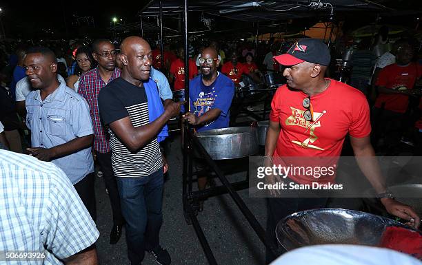 Keith Christopher Rowley , Prime Minister of Trinidad & Tobago, visits steel pan musicians at the semi-finals of Panorama in the Queen's Park...