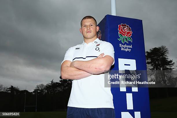 Newly appointed England Rugby Union captain Dylan Hartley poses at Pennyhill Park on January 25, 2016 in Bagshot, England.