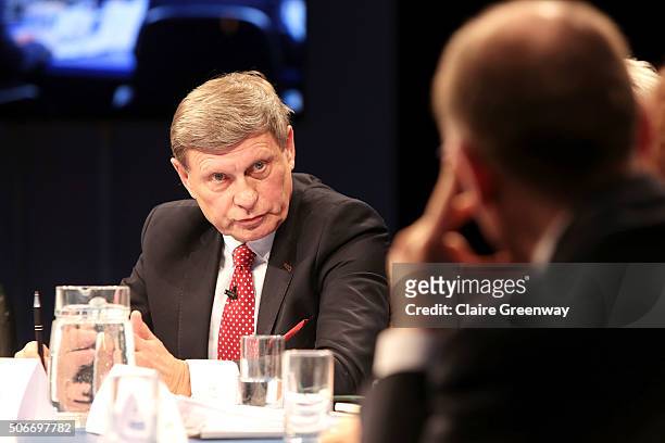 Former Deputy Prime Minister of Poland, Leszek Balcerowicz addresses former PM of Italy, Enrico Letta at the 'EU Wargames' event at The Porter Tun on...