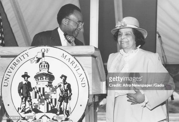 First African-American woman to practice law in Maryland Juanita Jackson Mitchell speaking at a podium at the University of Maryland College Park,...