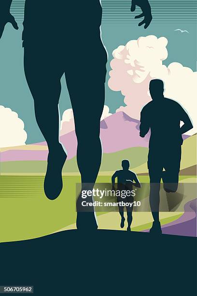 cross country oder trail-running - langstreckenlauf stock-grafiken, -clipart, -cartoons und -symbole