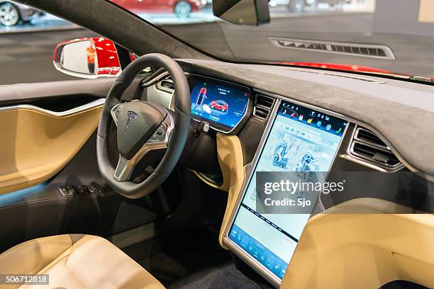 tesla model s p90d full electric luxury car dashboard - tesla model s stock pictures, royalty-free photos & images