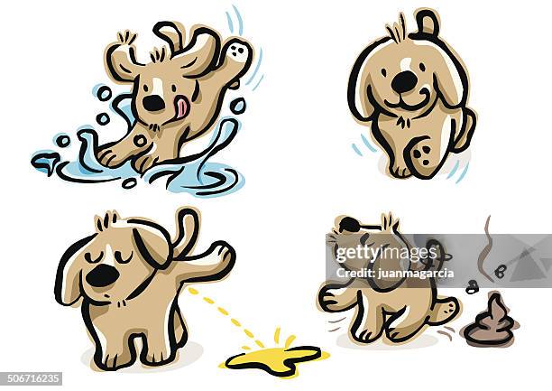 puppy walking, doing pee, poop and jumping over a puddle - urinating stock illustrations