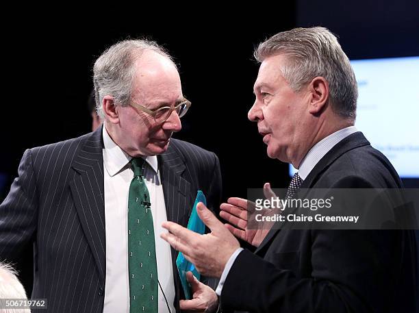 Foreign Secretary, Sir Malcolm Rifkind, KCMG, QC and former European Commissioner for Trade, Karel de Gucht, speak at the 'EU Wargames' event at The...