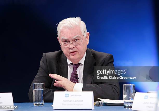Member of the House of Lords and former Chancellor and Cabinet Minister, Lord Lamont of Lerwick, speaks at the 'EU Wargames' event at The Porter Tun...