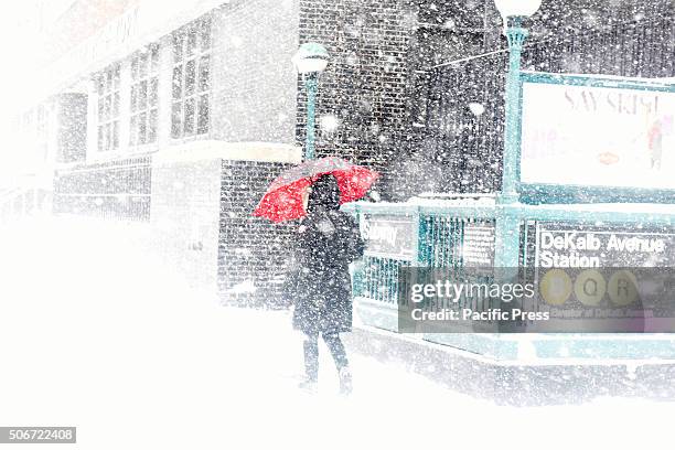 Woman with red umbrella passes Dekalb Avenue subway entrance. New York City's first blizzard of 2016 hit the five boroughs with enough force to...