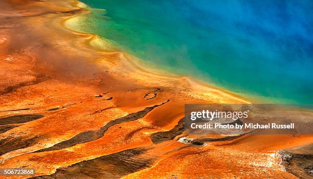 yellowstone colorful geyser: grand prismatic - grand prismatic spring stock pictures, royalty-free photos & images