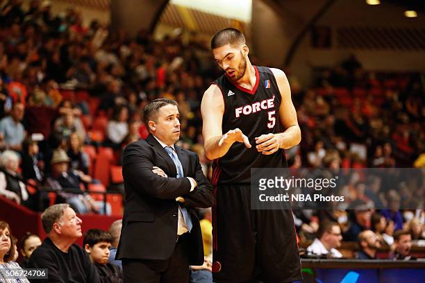 Byron Mullens of the Sioux Falls Skyforce talks to head coach Dan Craig during a timeout against the Canton Charge at Canton Memorial Civic Center on...