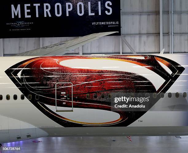 Boeing-777 airliner of Turkish Airlines is being displayed after wrapped with a vinyl, themed "Batman v Superman: Dawn of Justice" movie, during the...