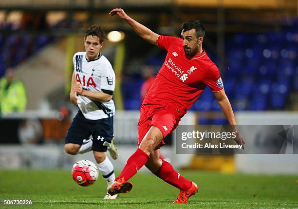 Jose Enrique of Liverpool passes the ball during the Barclays U21 Premier League match between Liverpool U21 and Tottenham Hotspur U21 at Lookers...