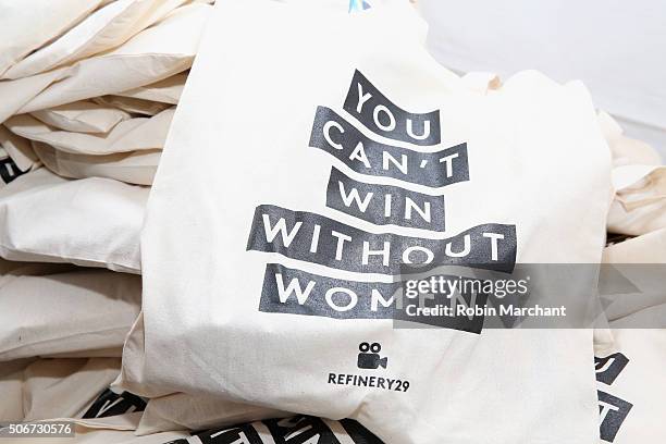 Gift bags on display at the Women At Sundance Brunch during the 2016 Sundance Film Festival at The Shop on January 25, 2016 in Park City, Utah.