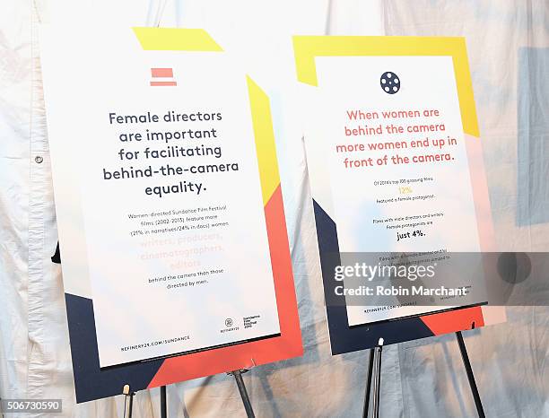 Event signage on display attends the Women At Sundance Brunch during the 2016 Sundance Film Festival at The Shop on January 25, 2016 in Park City,...