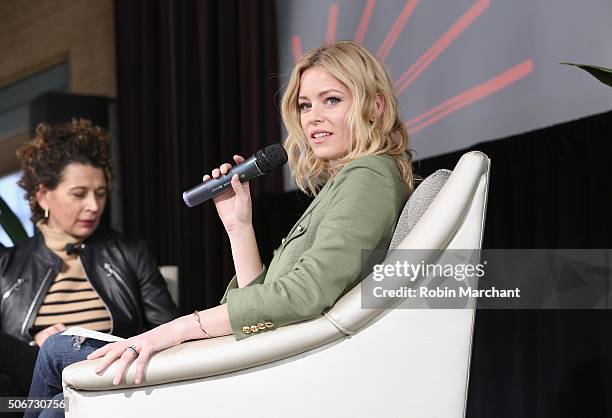 Producer Donna Langley and director/actress Elizabeth Banks speak on stage during the Women At Sundance Brunch during the 2016 Sundance Film Festival...