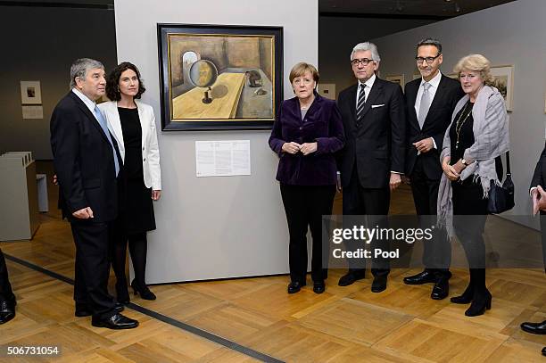 Avner Shalev, Rosenberg, Chancellor Angela Merkel, Walter Smerling, Alexander Koch and Prof. Monika Grütters attend a preview prior to the opening of...